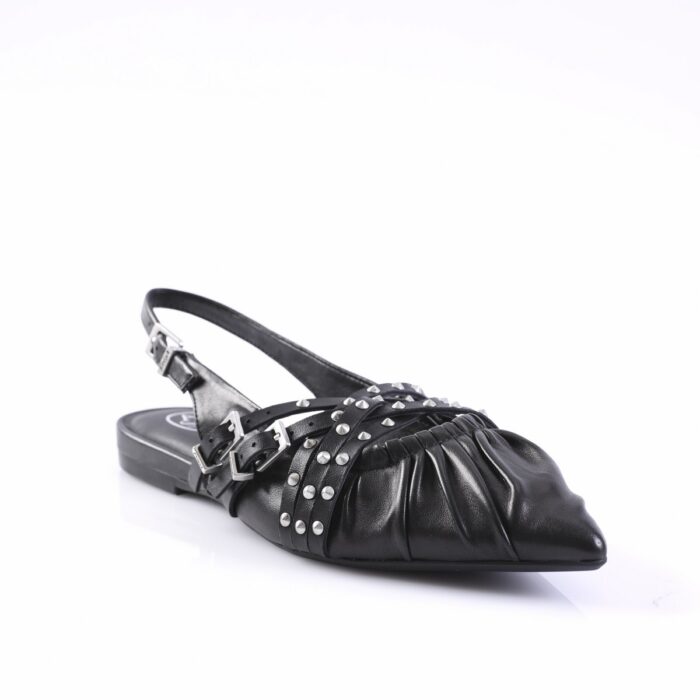 Black leather slingback sandal with ruched front and silver studs across the straps.