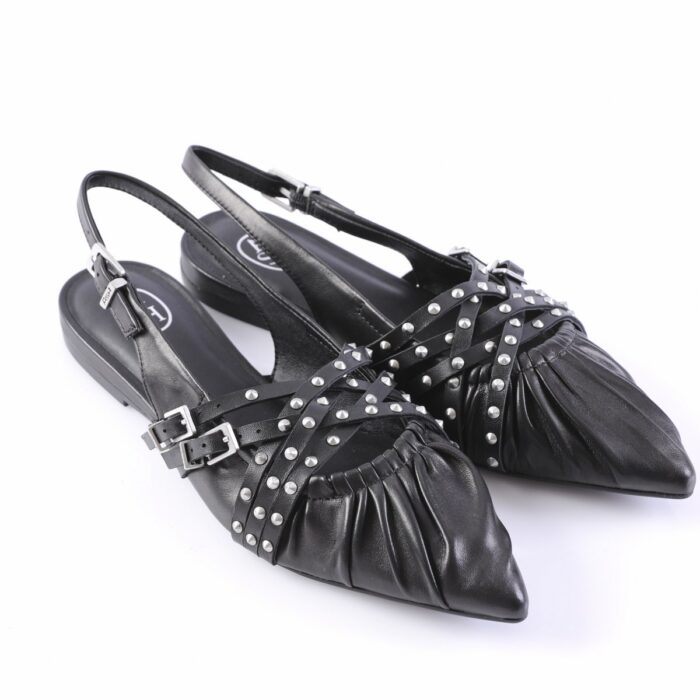 Black leather slingback flats with pointed toes and multiple studded straps with buckles.