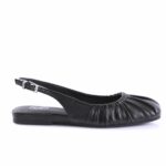 Black leather slingback flat with gathered ruched toe and adjustable ankle strap with metal buckle
