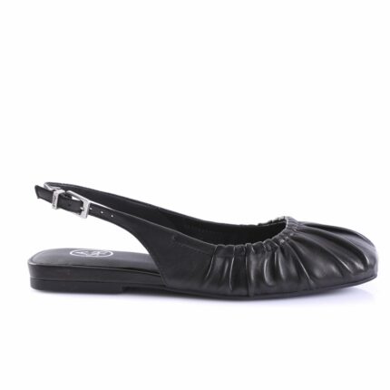 Black leather slingback flat with gathered ruched toe and adjustable ankle strap with metal buckle