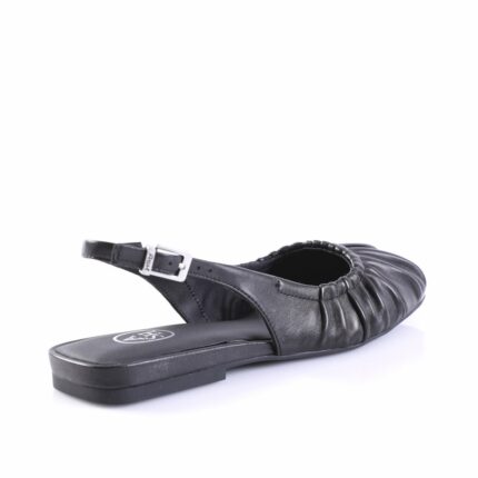 Black leather flat sandal with an adjustable ankle buckle and gathered upper strap (open toe).