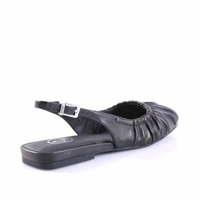 Black leather flat sandal with an adjustable ankle buckle and gathered upper strap (open toe).