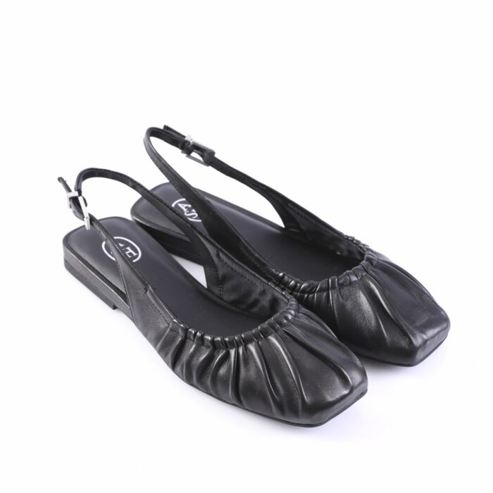 Black leather slingback ballet flats with a ruched front and a small ankle strap for a secure fit.
