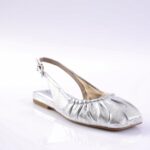 Silver metallic flat sandal with a gathered toe and ankle buckle strap