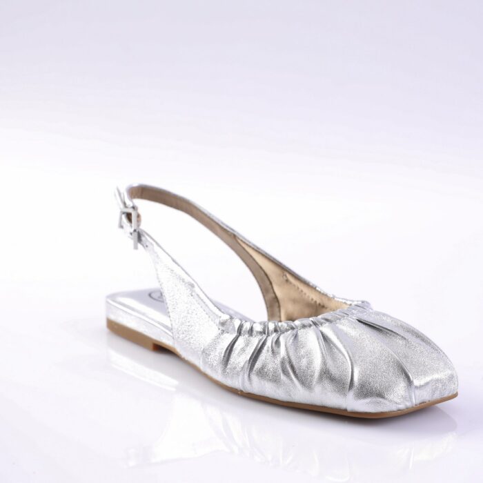 Silver metallic flat sandal with a gathered toe and ankle buckle strap