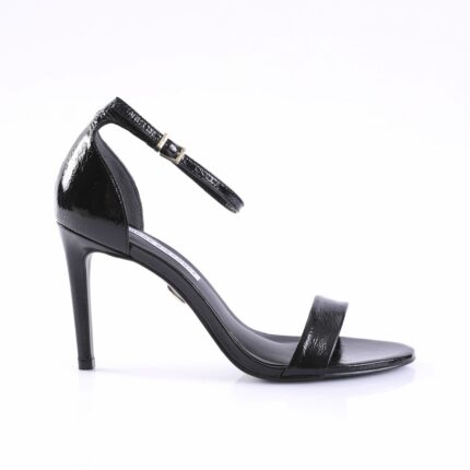 Black patent leather high-heeled sandal with ankle strap and buckle detail, open toe, stiletto heel