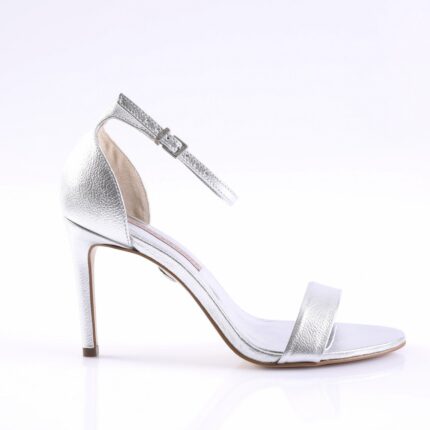 Silver metallic high-heeled sandal with an ankle strap and buckle on a white backdrop.
