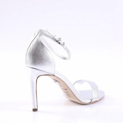 Silver metallic high-heeled sandal with ankle strap and open toe, stiletto heel design