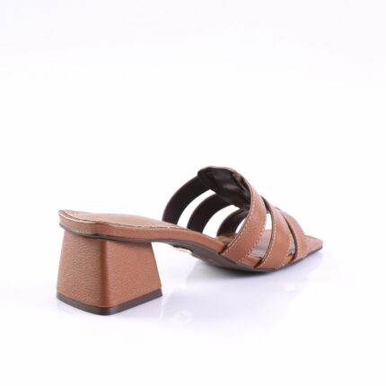 Brown strappy sandal with a chunky, square heel and textured leather finish, shown from a side angle on a white background.