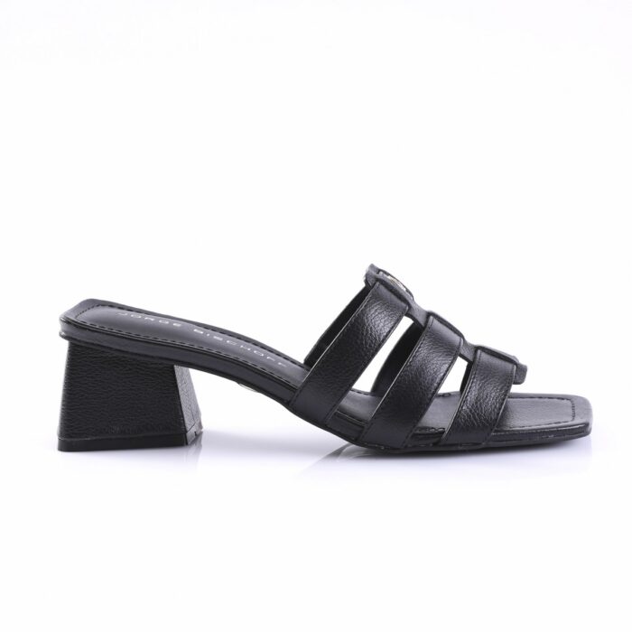 Black leather sandal with three straps and a low block heel for women.