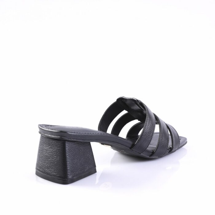 Black strappy sandal with a low square block heel, shown from the side with multiple narrow straps across the foot