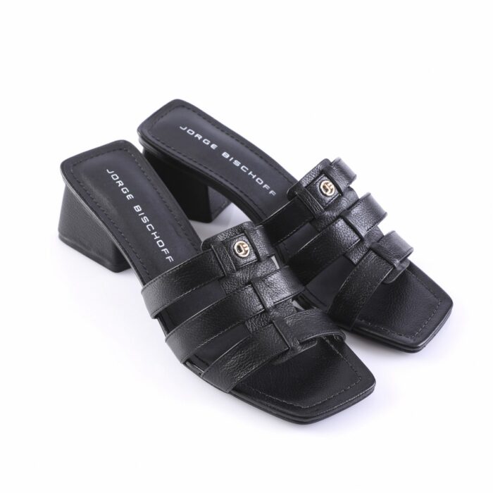 Black leather heeled sandals with multiple straps and a square toe; insole reads Jorge Bischoff.