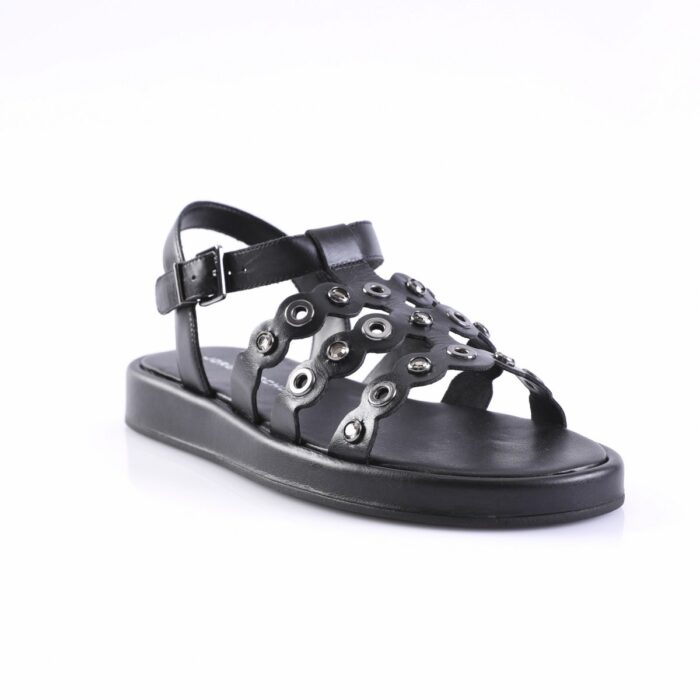 Black open-toe sandal with multiple strap cutouts and metal grommets, buckle strap at the ankle.