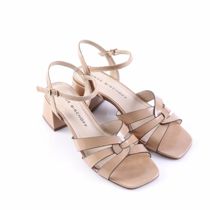 Beige strappy open-toe sandals with a mid-height block heel and ankle strap on a white background.