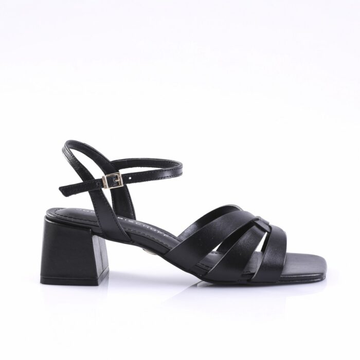 Black strappy sandal with a square block heel and adjustable ankle buckle, open toe.