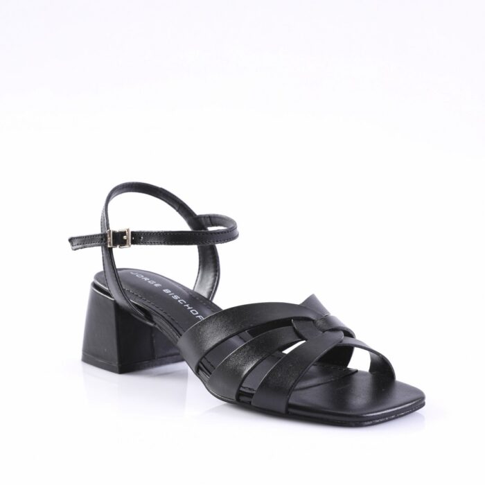 Black leather strappy sandal with an open toe, a low block heel, and an adjustable ankle buckle strap (women's fashion shoe).