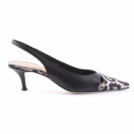 Black leather slingback pump with a leopard-print pointed toe and a small kitten heel