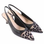 Black slingback pumps with leopard-print pointed toes for a chic look (woman's footwear)