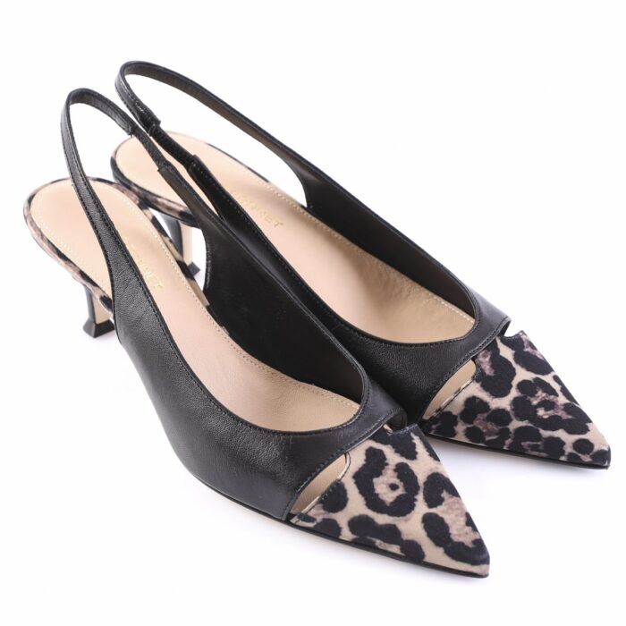 Black slingback pumps with leopard-print pointed toes for a chic look (woman's footwear)