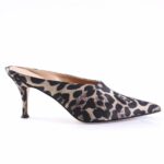 Leopard-print pointed-toe pump with a slim mid-height heel in black and beige tones.