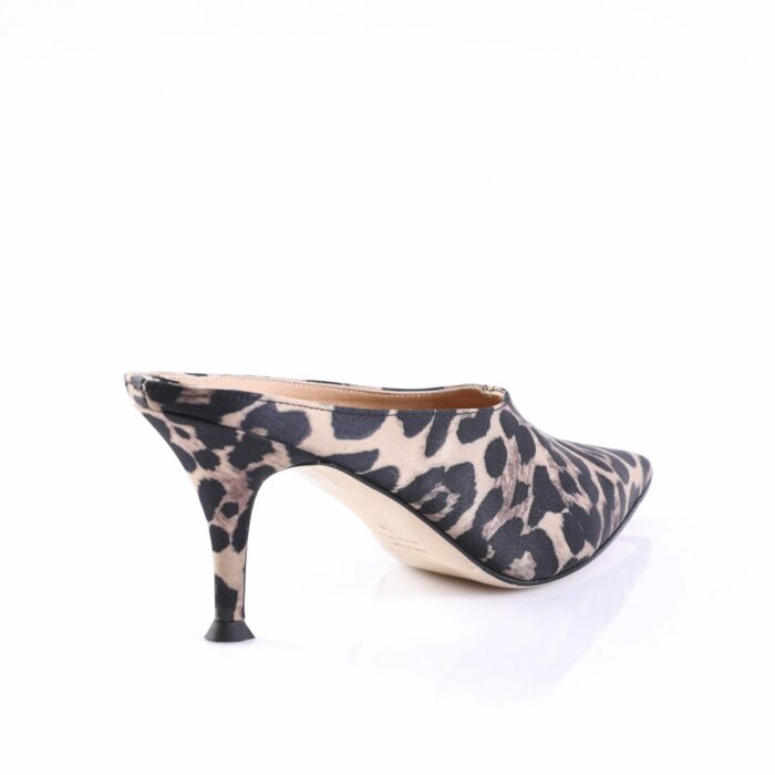 Leopard-print high-heeled pump shown from the side with a slender heel.