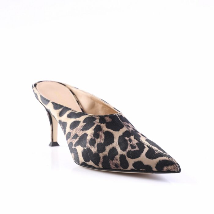 Leopard-print pointed-toe mule with a slim stiletto heel on a white background.