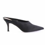 Black pointed-toe mid-heel mule shoe with a slender heel and open back on a white background, side view