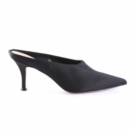 Black pointed-toe mid-heel mule shoe with a slender heel and open back on a white background, side view