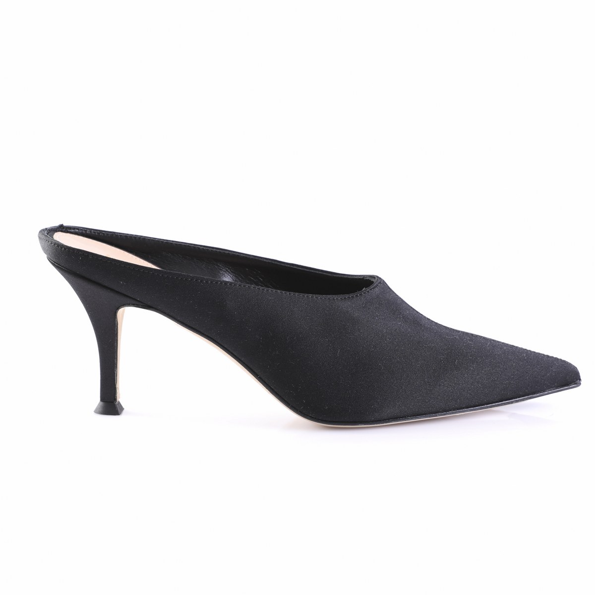 26NB012NR-1 Black pointed-toe mid-heel mule shoe with a slender heel and open back on a white background, side view