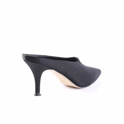 Black satin high-heeled pump seen from the side with a slim stiletto heel and pointed toe (shoe photographed from rear-left angle).