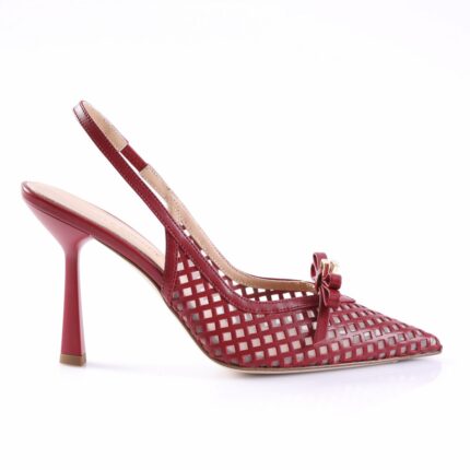 Red lattice-pattern high-heeled pump with a bow at the toe and slingback strap.