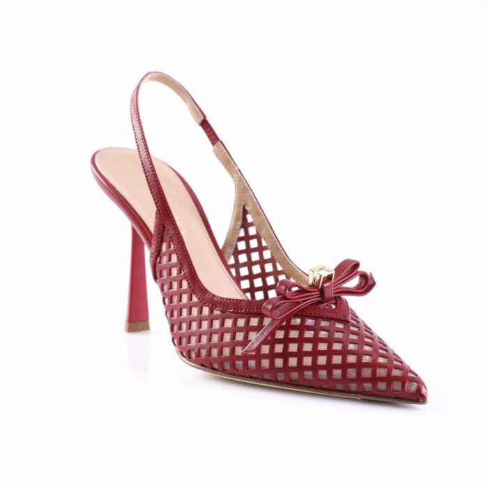 Women's burgundy lattice-cutout high-heeled slingback shoe with bow detail and pointed toe