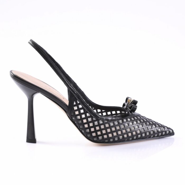 Black lattice-style slingback heel with a pointed toe and small bow detail on a dressy women’s shoe