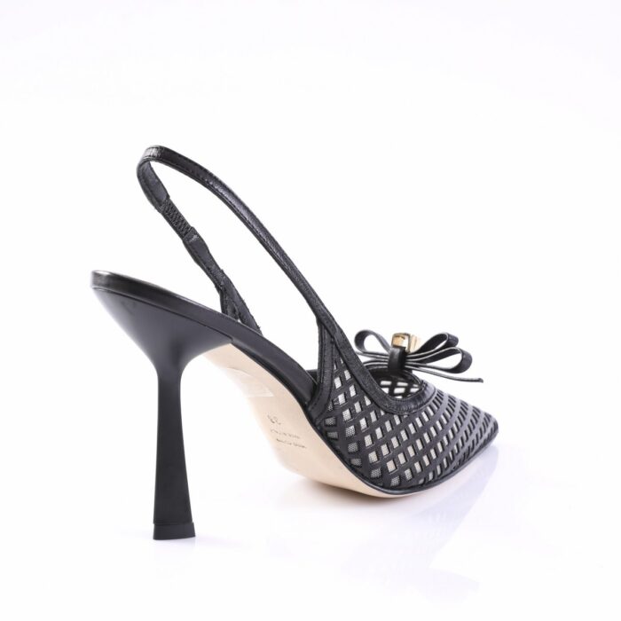 Black open-weave slingback high heel with bow detail and pointed toe, showcased from a rear angle for product viewing.