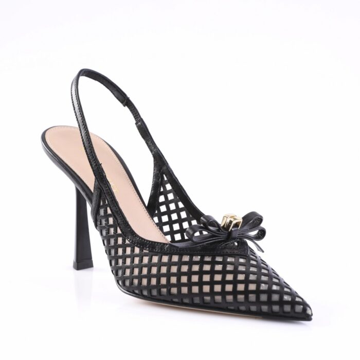 Black lattice-strap pointed-toe pump with bow ornament and slingback strap, heels for women.
