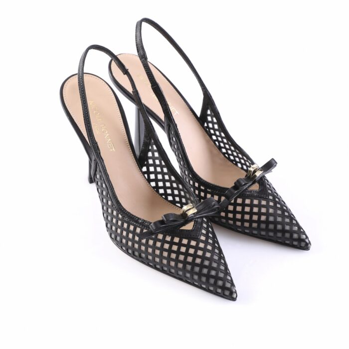 Black pointed-toe slingback pumps with a lattice cutout pattern and a small bow on the toe.