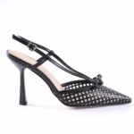 Black strappy high-heeled sandal with a lattice-cut toe and bow detail at the front. (Slingback with ankle buckle)