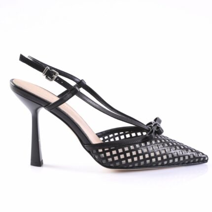 Black strappy high-heeled sandal with a lattice-cut toe and bow detail at the front. (Slingback with ankle buckle)