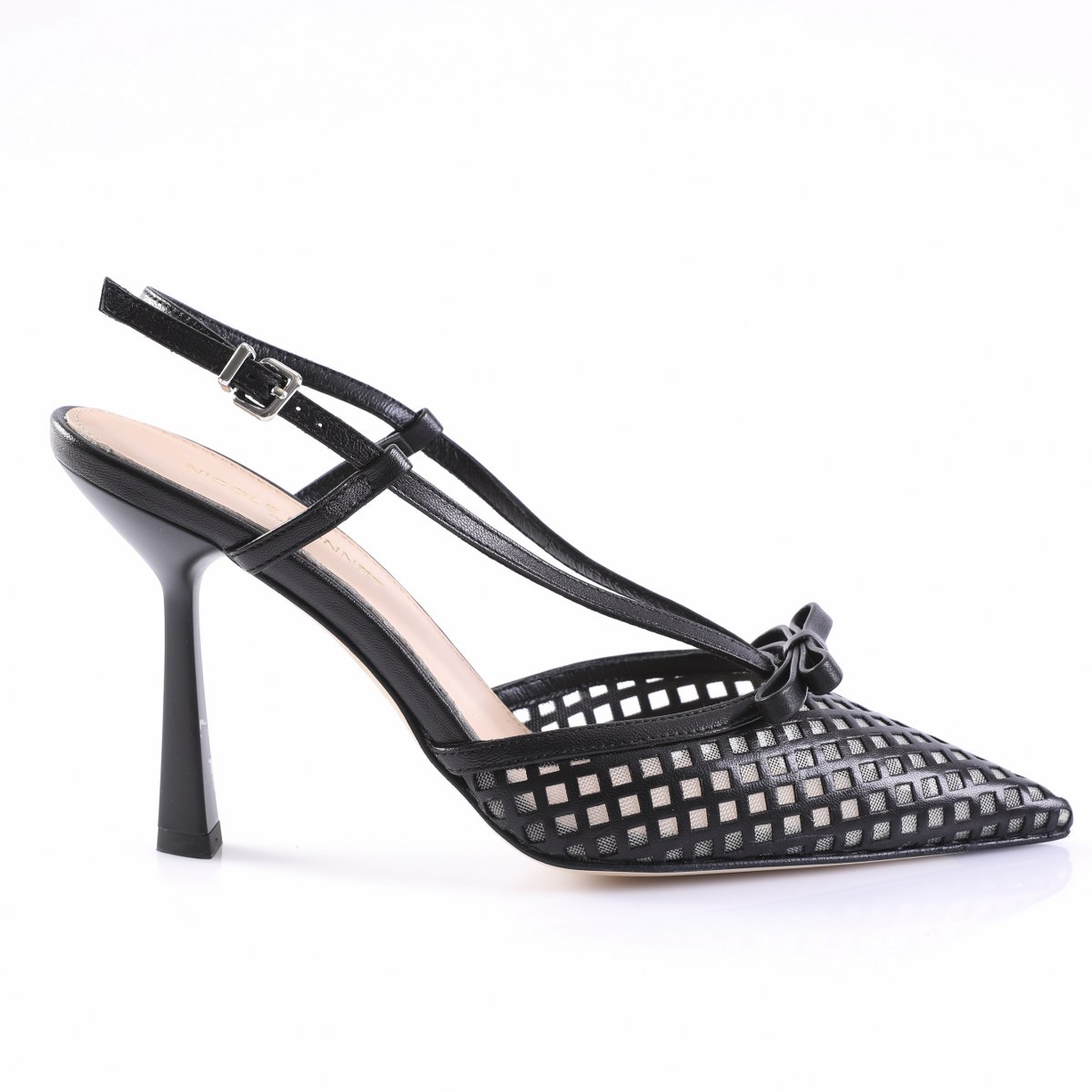 26NB031NR-1 Black strappy high-heeled sandal with a lattice-cut toe and bow detail at the front. (Slingback with ankle buckle)
