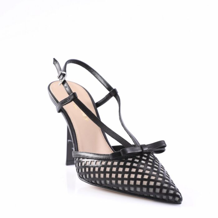 Black pointed-toe high-heeled sandal with lattice cutouts, bow at the toe, and ankle strap, used as a product photo