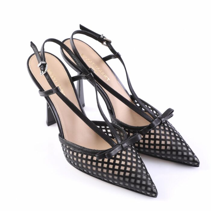 Black lattice-cutout pointed-toe high-heeled slingback shoes with ankle straps and bow accents