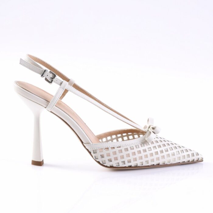 White lattice-style high-heeled sandal with a bow at the toe and an ankle strap for support.