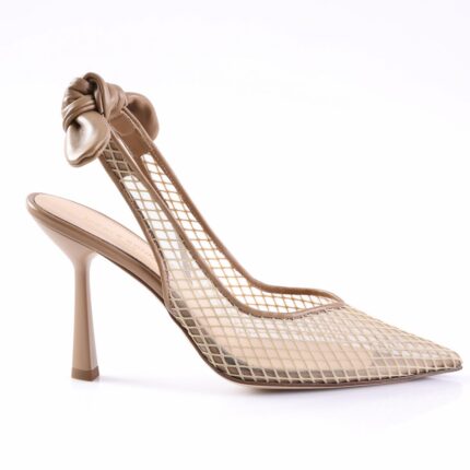Beige mesh high-heeled shoe with a back bow and pointed toe.