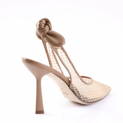 Beige stiletto with a netted mesh upper and knotted ankle strap detail