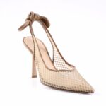 Beige mesh pointed-toe high-heel sandal with a knotted back strap.