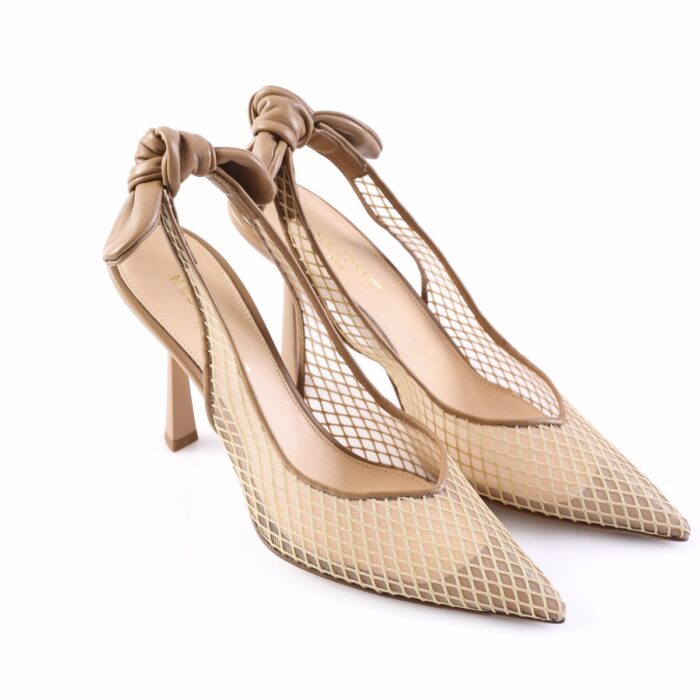 Beige mesh pointed-toe high heels with knotted straps at the back, on a white background