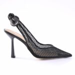 Black mesh pointed-toe stiletto pump with a knotted back strap and slender heel