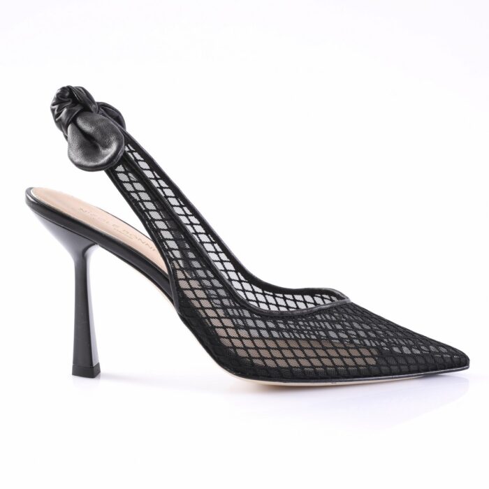 Black mesh pointed-toe stiletto pump with a knotted back strap and slender heel