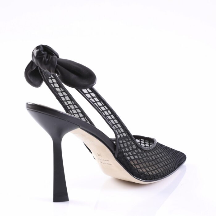 Black mesh stiletto heel sandal with an ankle bow detail on a white background