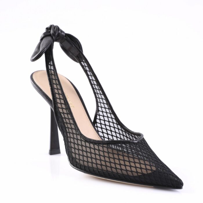 Black mesh pointed-toe high heel with an ankle-tie bow on top.